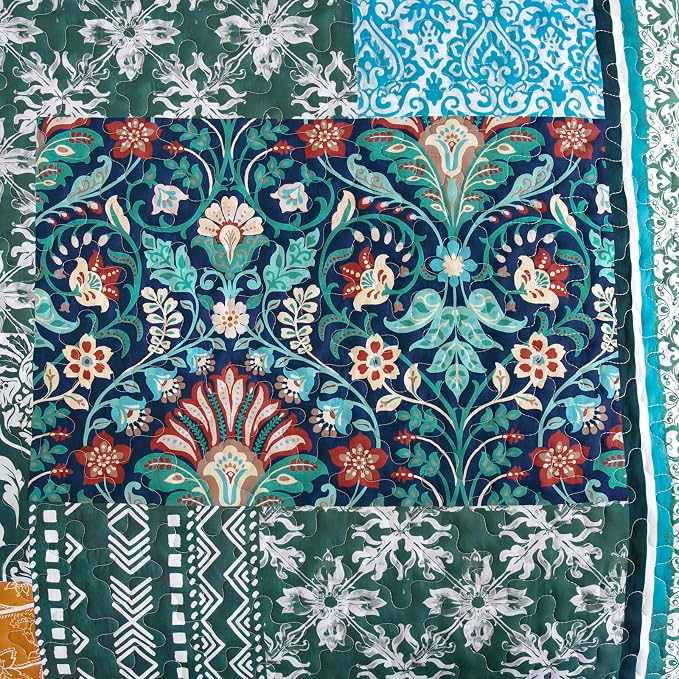 WONGS BEDDING Green Quilt Set King Size, 3 Pieces Boho Quilt Patchwork Quilt - Image 5