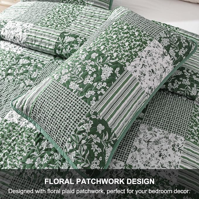 Mybedsoul Green Boho Queen Quilt Set, 3-Piece Reversible Soft Plaid Floral - Image 7