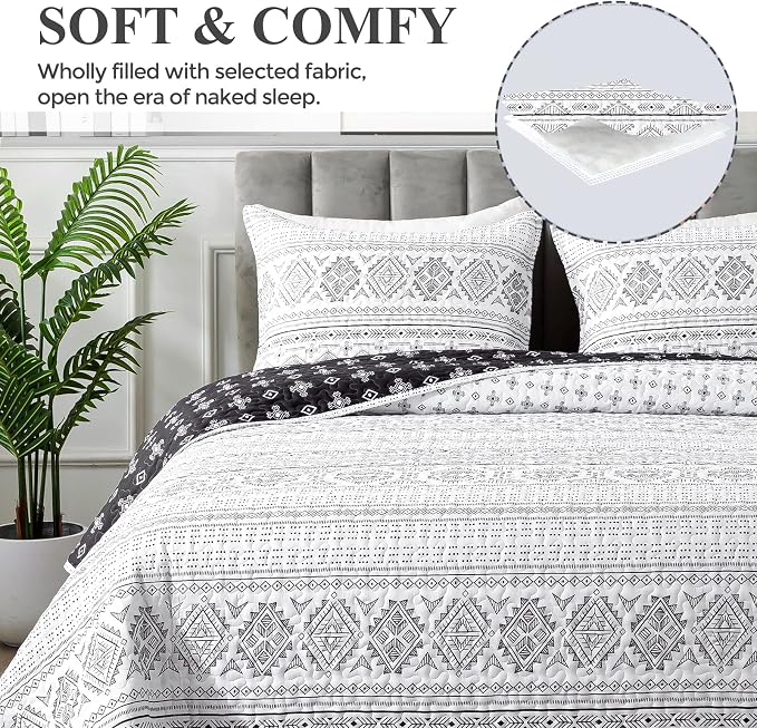 Andency Black White Quilts Queen Size, 3 Pieces Queen Quilt Bedding Set Boho - Image 3