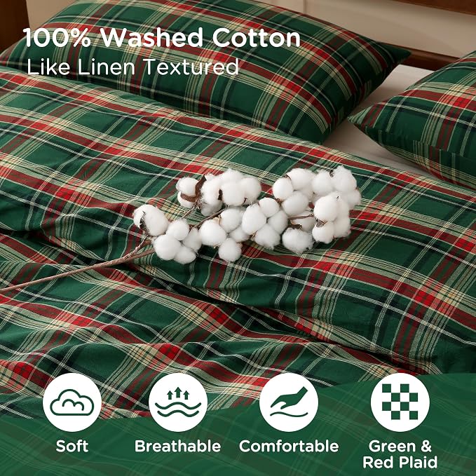 TOCOMOA Christmas Plaid Duvet Cover Set 100% Washed Cotton Like Linen Feel - Image 5