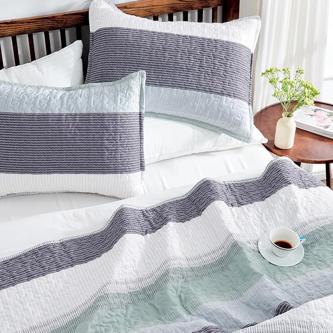 Andency Oversized King Quilt Set Sage Green, 120x120 Stripe Super King - Image 3