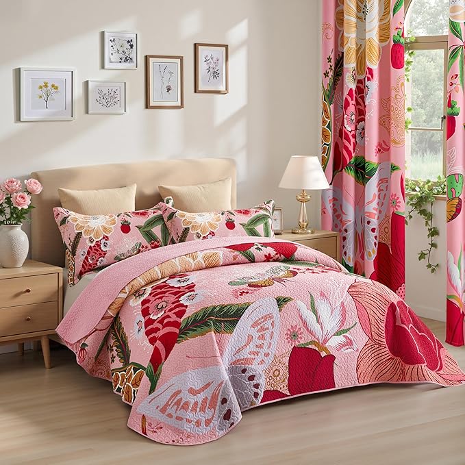Tyrot 3 Piece Pink Boho Floral King Size Quilt Sets Farmhouse Botanical - Image 2