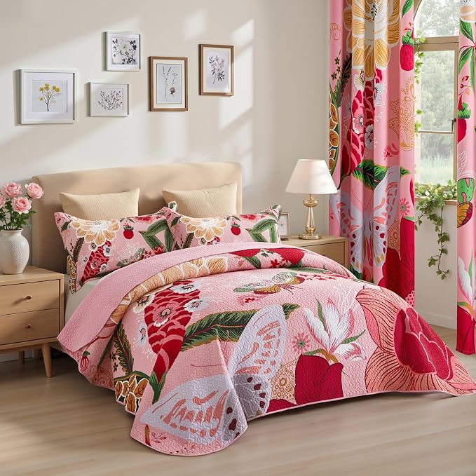 Tyrot 3 Piece Pink Boho Floral Californial King Quilt Sets Farmhouse Botanical - Image 2
