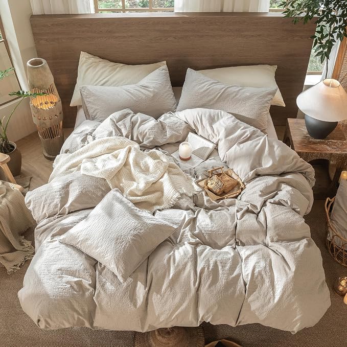 MooMee Wavy Striped Duvet Cover Set 100% Washed Cotton Linen Like Textured - Image 4