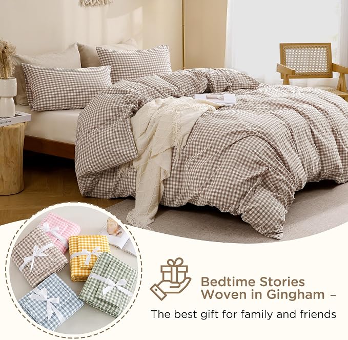 TOCOMOA Tan Gingham Duvet Cover Bedding Set 100% Washed Cotton Like Linen Feel - Image 7