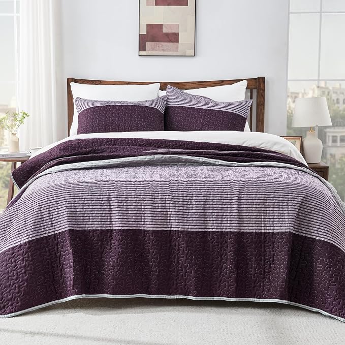 Andency Stripe Quilt Set Queen, 3 Pieces Purple and Grey Patchwork Bedspread - Image 8