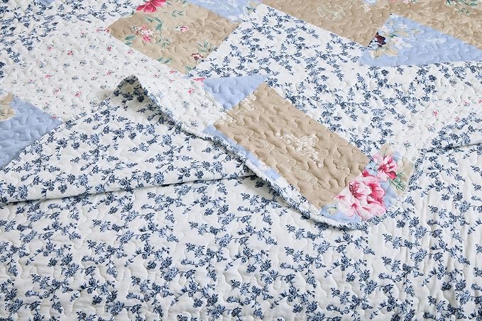 Brilliant Sunshine Pink and Blue Roses Toile Quilt Set, 3-Piece Bedding Sets - Image 5