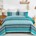 WONGS BEDDING Boho Quilt Set Queen Size, Teal 3 Pieces Bohemian Striped by WONGSBEDDING