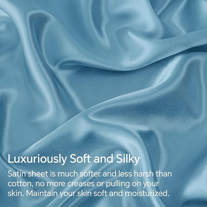 BEDELITE Satin Sheets Twin Size Bed Set, Luxury Soft Airy Blue Silky Sheets - Image 3