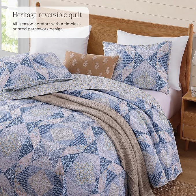 BLOOMHAVEN Quilt Set King Size, Patchwork Blue Marigold Floral Quilt Sets - Image 2