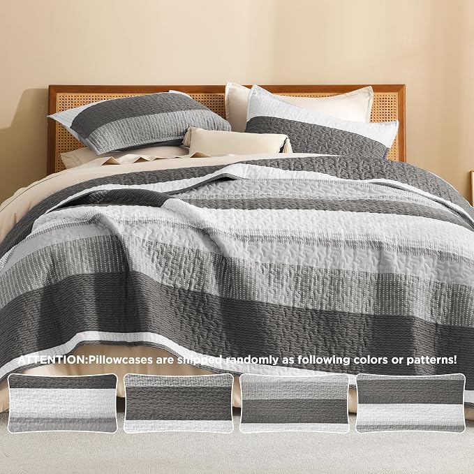 Litanika Quilt Queen Size Dark Grey, Stripe Patchwork Summer Bedspread Coverlet - Image 5
