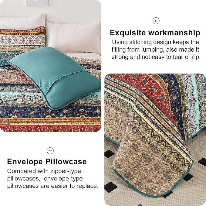 WONGS BEDDING Boho Full Quilt Set, 3 Pieces Green Brown Bohemian Full Size - Image 6