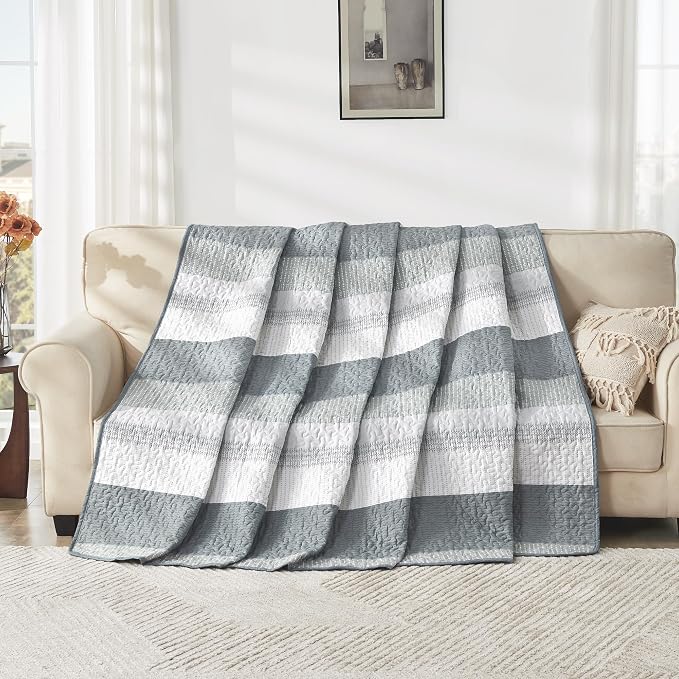 Andency Grey Striped Quilt Set Cal King, 3 Pieces Patchwork Bedspread Coverlet - Image 9