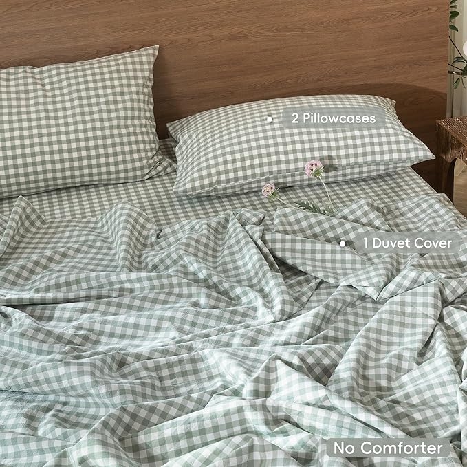 MooMee Gingham Duvet Cover Set 100% Washed Cotton Linen Like Textured - Image 2