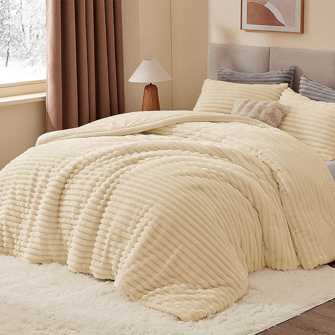 BEDELITE Fleece King Comforter Set -Super Soft & Warm Fluffy Beige Bedding - Image 2