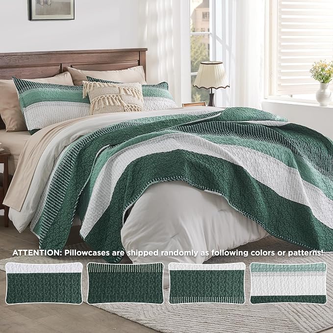 Andency Emerald Green Quilt Queen, 3 Pieces Patchwork Striped Bedspread - Image 8