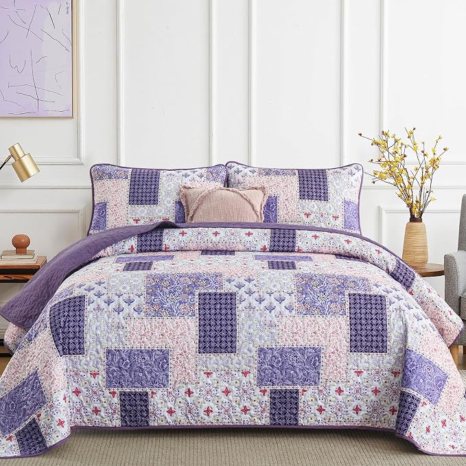 Xruibed Patchwork Quilt Set Queen Size 3 Pieces Purple Floral Plaid Bedspread by Xruibed