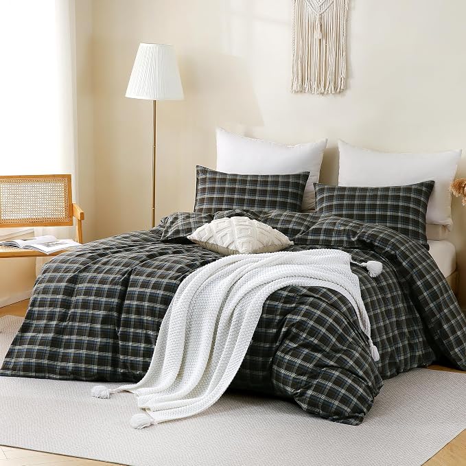 TOCOMOA Buffalo Plaid Duvet Cover Set 100% Washed Cotton Like Linen Feel Super - Image 2