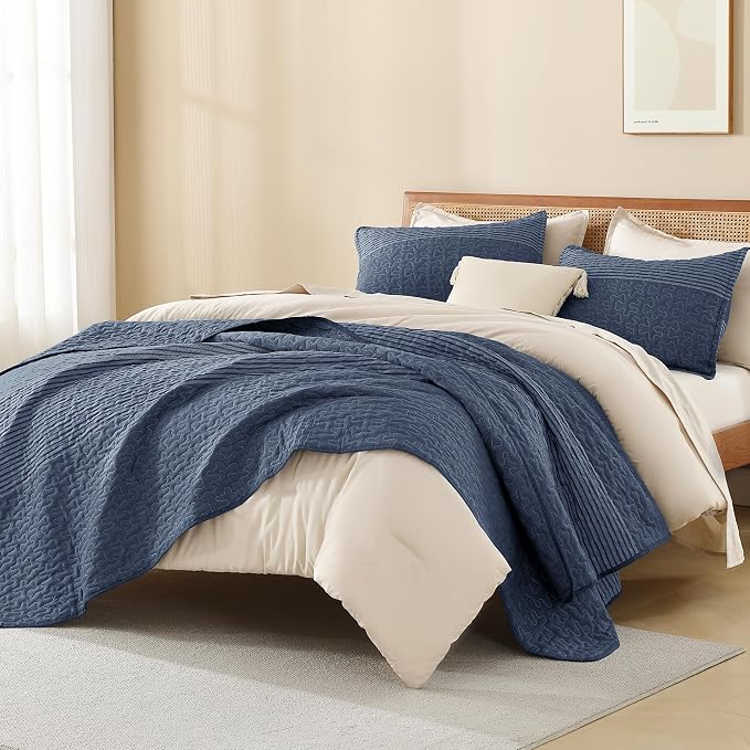 Litanika Oversized King Quilt Set Sapphire Blue, 120x98 Stripe Bedspread - Image 4