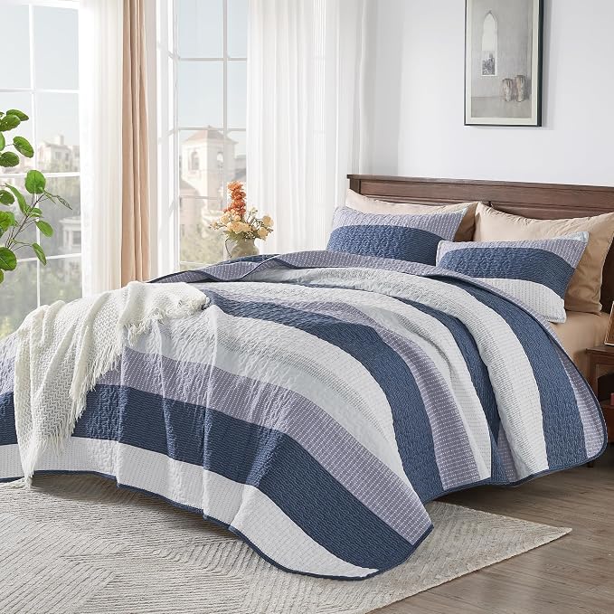 Andency Queen Quilt Bedding Set Mineral Blue, 3 Pieces Patchwork Summer Striped - Image 2
