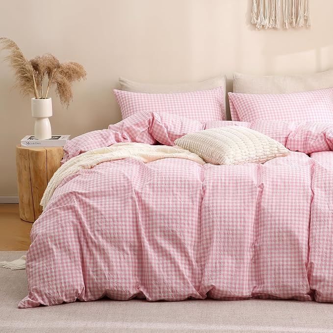 TOCOMOA Pink Gingham Duvet Cover Bedding Set 100% Washed Cotton Like Linen Feel by TOCOMOA