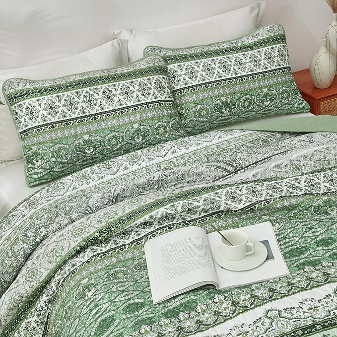 WONGS BEDDING Boho King Quilt Set, Light Green Bohemian Quilt Bedding Set - Image 4