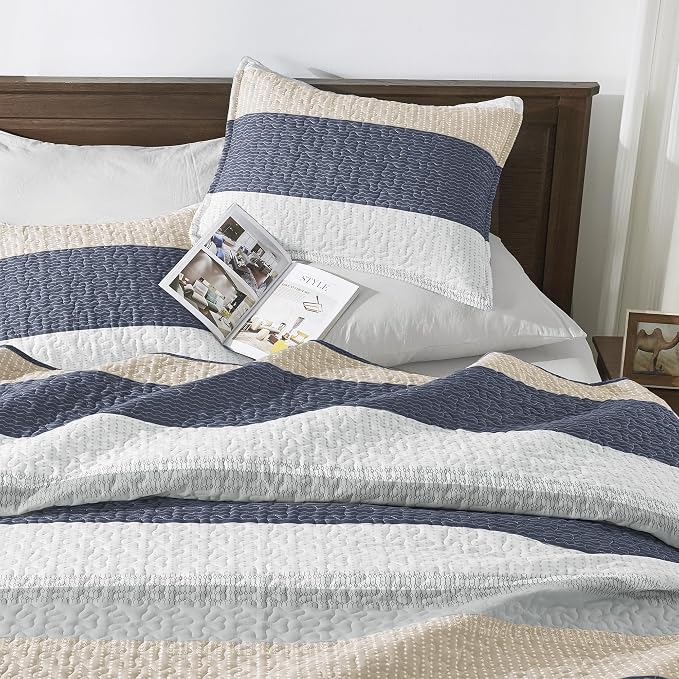 Andency Queen Quilt Bedding Set Yellow Blue, 3 Pieces Patchwork Summer Striped - Image 3