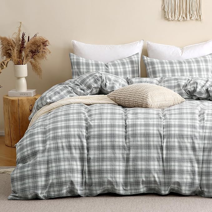 TOCOMOA Plaid Duvet Cover Set 100% Washed Cotton Like Linen Feel Super Soft by TOCOMOA