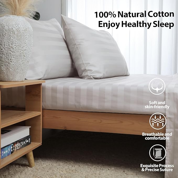 Queen Size Striped Fitted Sheet Only Light Beige Color, 100% Egyptian Cotton - Image 3