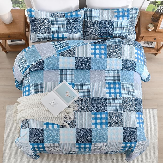 Xruibed Blue Quilt Set Queen Size 3 Pieces Plaid Floral Boho Bedspread Coverlet - Image 4