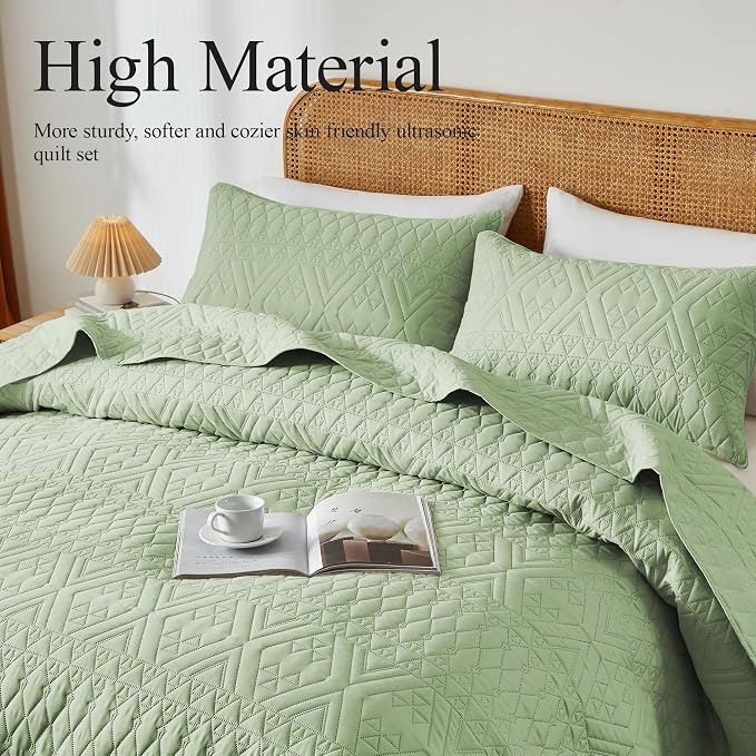 akkialla Full/Queen Size Quilt Bedding Set, Sage Green Lightweight Microfiber - Image 3