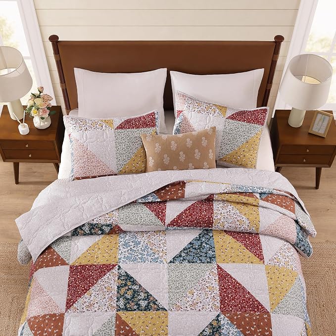 BLOOMHAVEN Quilt Set Queen Size, Patchwork Burnt Orange Floral Quilt Sets - Image 7