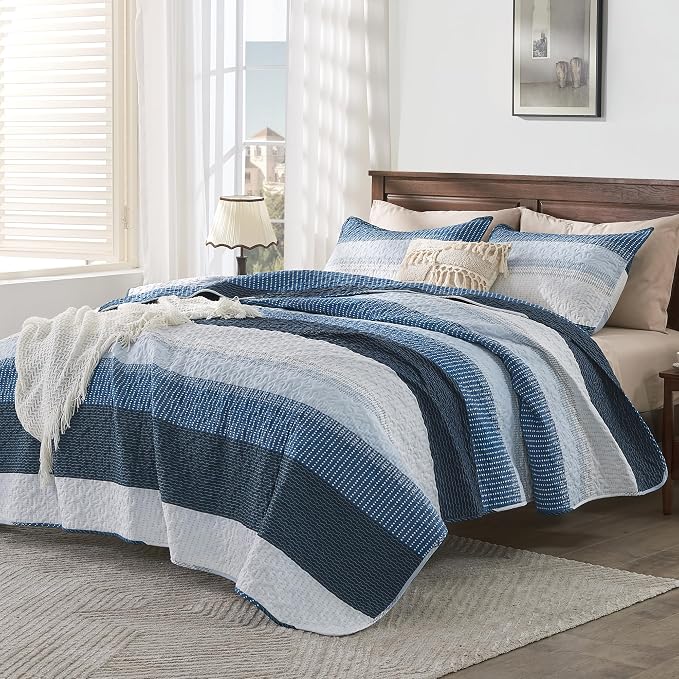 Andency Navy Blue Striped Quilt King, 3 Pieces Patchwork Bedspread Coverlet Set - Image 3