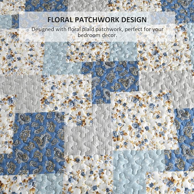 Mybedsoul Light Blue Quilt Set Queen Size, 3 Pieces Boho Plaid Floral Bedspread - Image 6