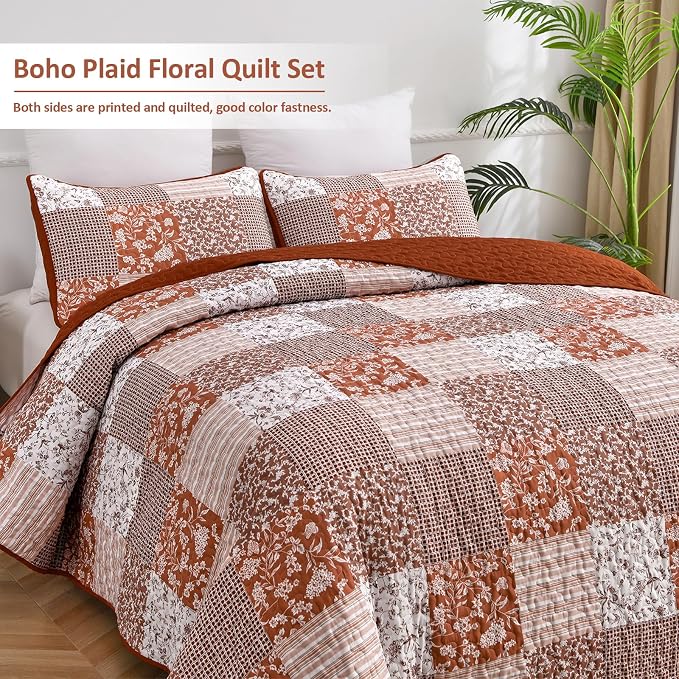 Mybedsoul Burnt Orange Quilt Set King Size, 3 Pieces Boho Plaid Terracotta - Image 2