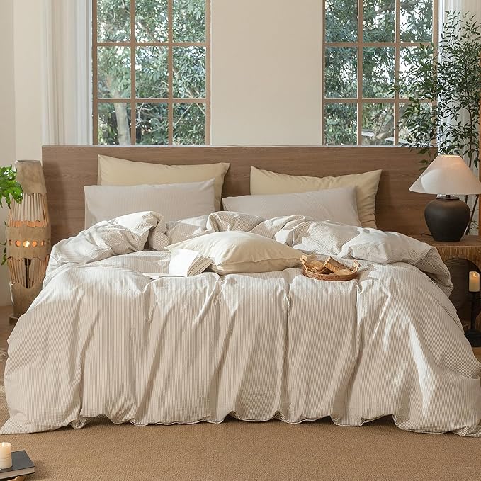 MooMee Striped Duvet Cover Set 100% Washed Cotton Linen Like Textured by MOOMEE