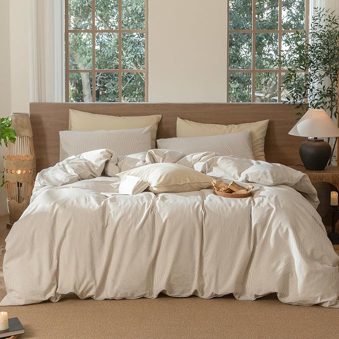 MooMee Striped Duvet Cover Set 100% Washed Cotton Linen Like Textured by MOOMEE