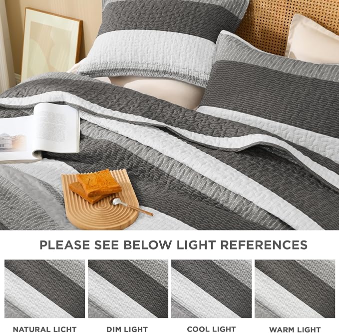 Litanika Quilt Queen Size Dark Grey, Stripe Patchwork Summer Bedspread Coverlet - Image 7