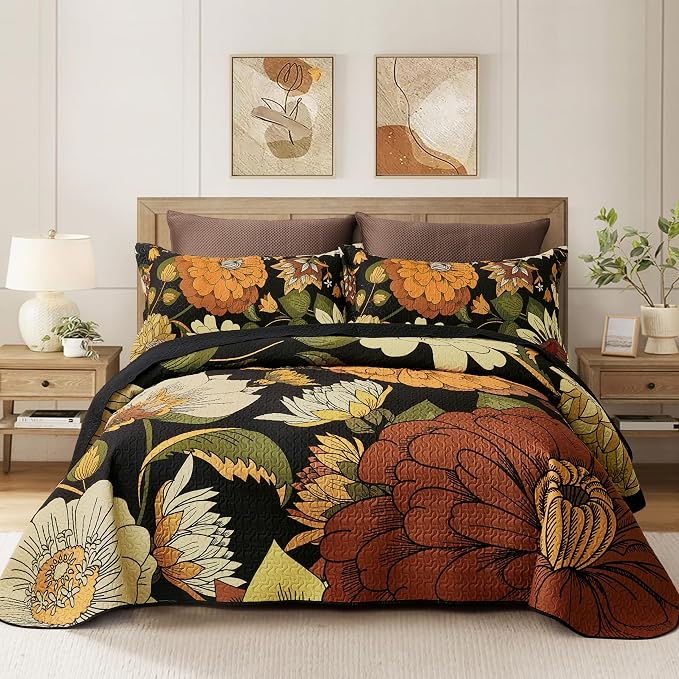 Tyrot 2 Piece Black Boho Floral Twin Size Quilt Sets Farmhouse Botanical by TyrotHomeDecor