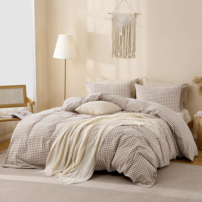 TOCOMOA Tan Gingham Duvet Cover Bedding Set 100% Washed Cotton Like Linen Feel - Image 2