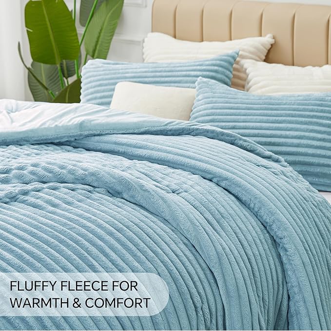 BEDELITE Fleece Queen Comforter Set -Super Soft & Warm Fluffy Light Blue Bedding - Image 6