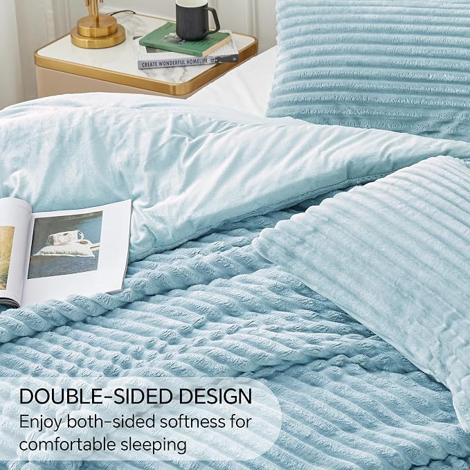 BEDELITE Fleece Queen Comforter Set -Super Soft & Warm Fluffy Light Blue Bedding - Image 4