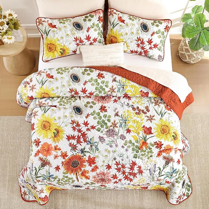 Yiran Fall Floral Quilt Set Queen Size, 3 Pieces Soft Lightweight Microfiber - Image 4
