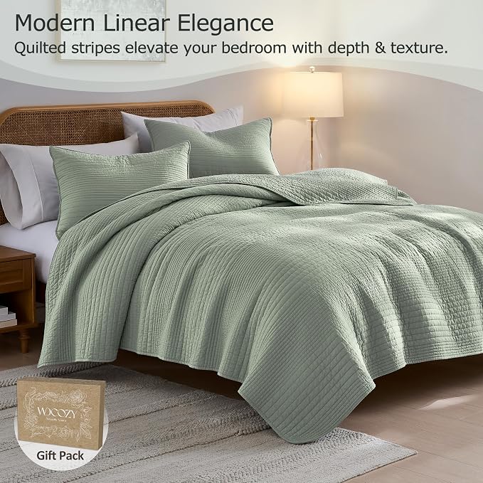 palassio Striped Sage Green 100% Cotton Quilt Twin Size Bedding Sets, - Image 2