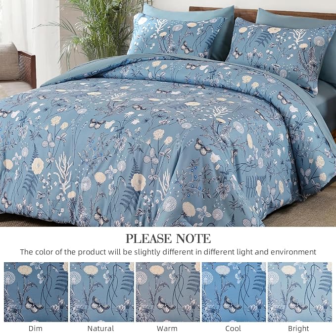 Yiran Blue Comforter Set King Size, 7 Piece Floral Comforter Bedding Set - Image 9