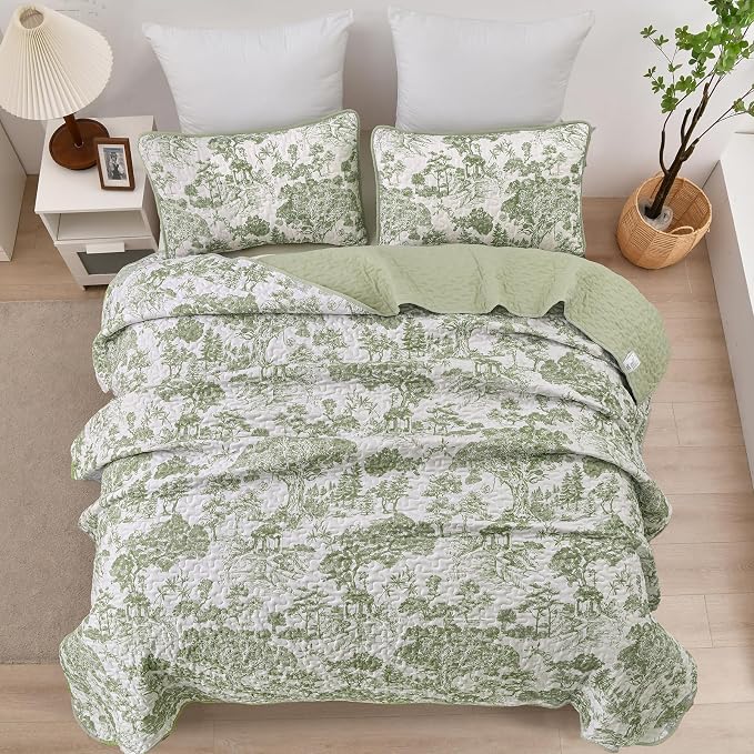 WONGS BEDDING Botanical Quilt Set Full Size, Sage Green 3 Pieces Toile Floral - Image 3