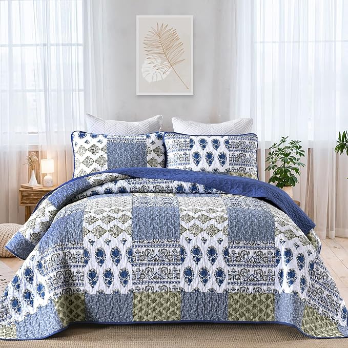 Mybedsoul Blue Quilt Set Queen Size 3 Pieces Boho Plaid Aqua Blue Floral by Mybedsoul