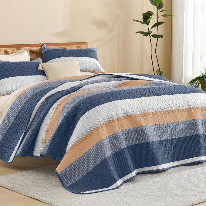 Litanika California King Quilt Set BlueO, Stripe Patchwork Summer Bedspread by Litanika