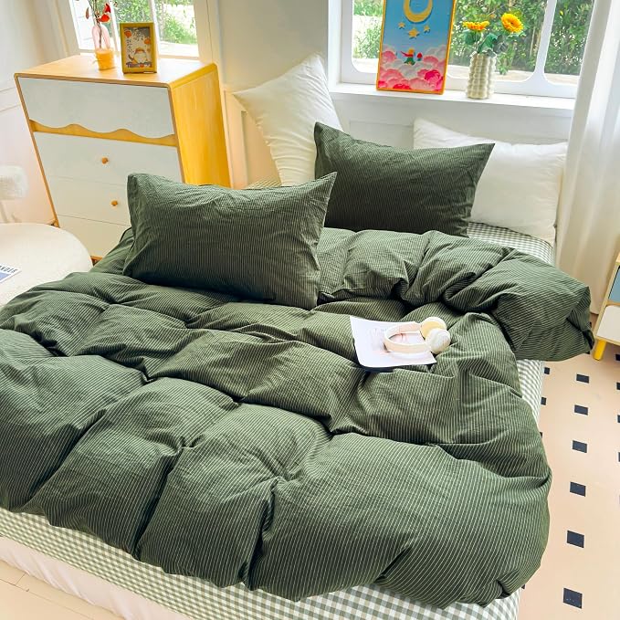 PinkMemory Green Striped Duvet Cover King 100% Washed Cotton Olive Green - Image 3
