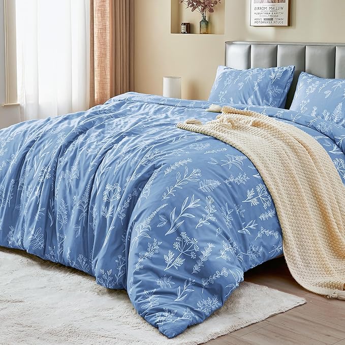 MUXHOMO Duvet Cover Full Size, Reversible Floral Ice Blue Duvet Cover Set - Image 3